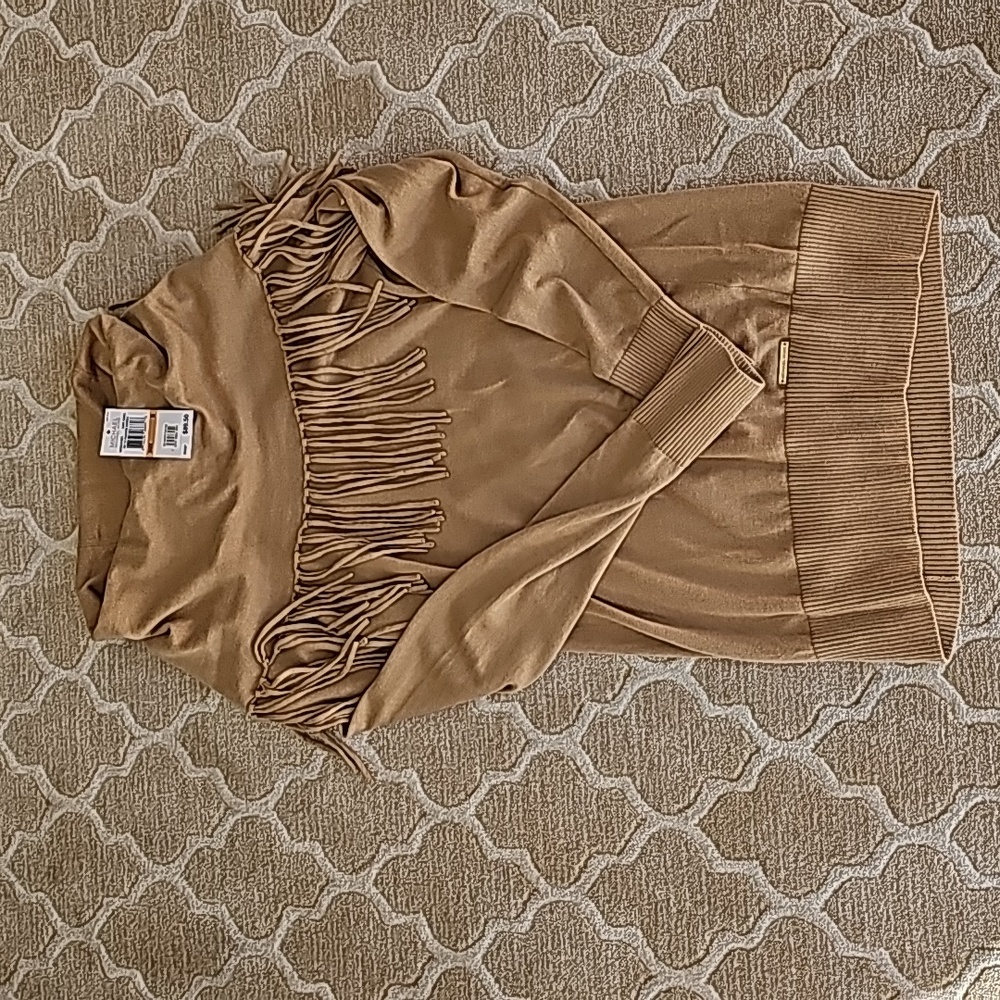 Michael Kors Women's Sweater, Size Small, Dark Camel, Fringe Along Collar, NWT